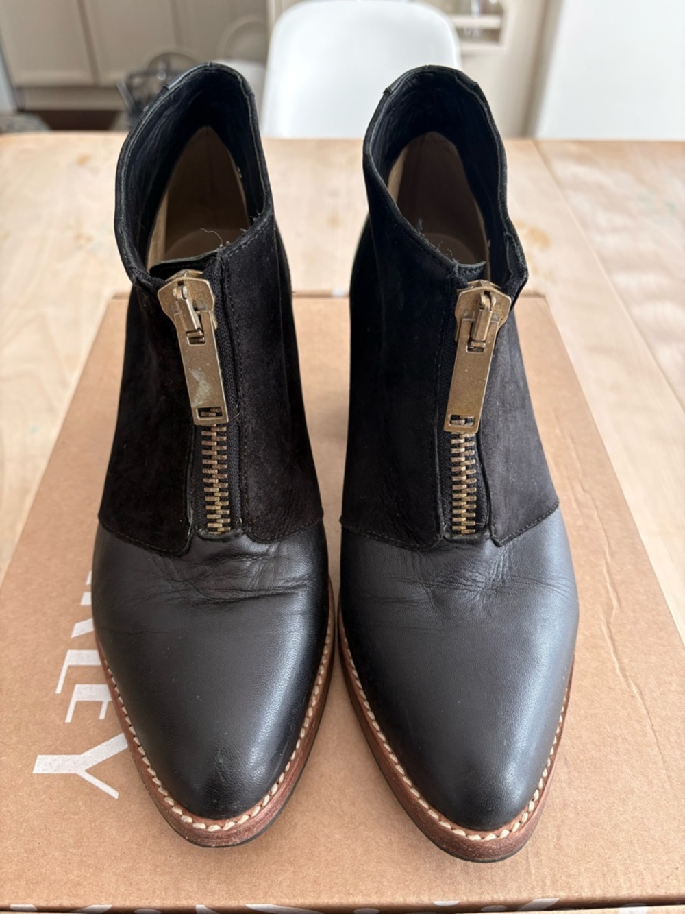 Poppy Barley Black Leather and Suede Front-Zip Ankle Boots